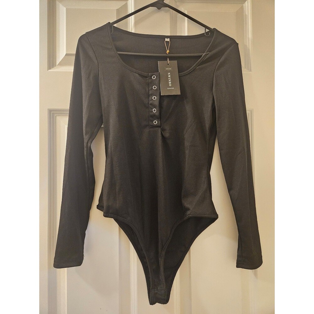 Bodysuit Black Medium NWT Ribbed Knit Long Sleeve Henley W/ Snap Button Closure